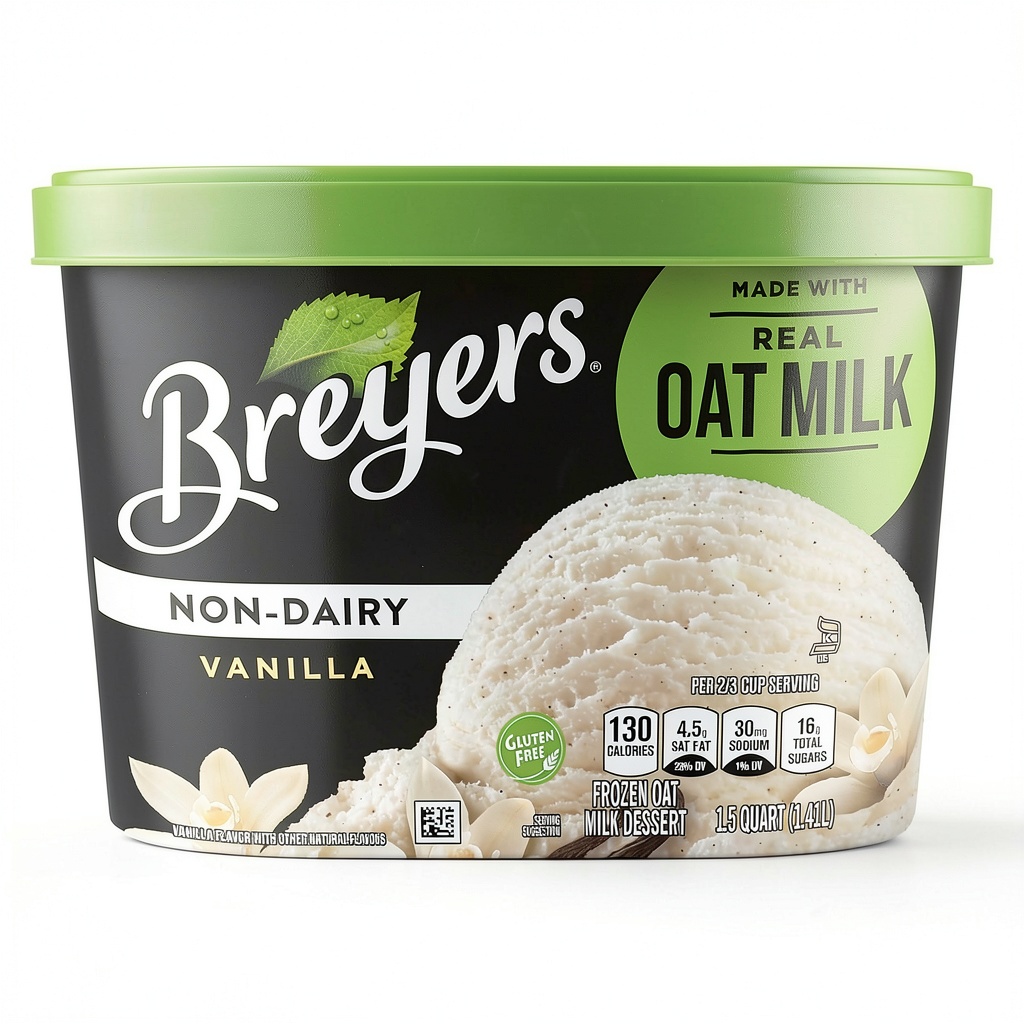 Breyers Non-Dairy Vanilla frozen dessert in a bowl with a spoon