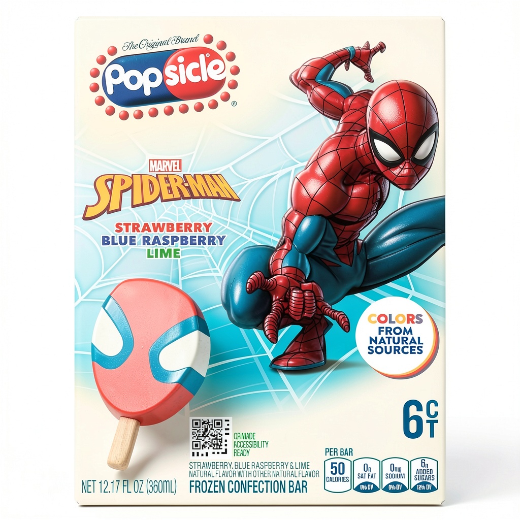 Popsicle Spiderman frozen dessert bar showing vibrant colors and Spiderman design