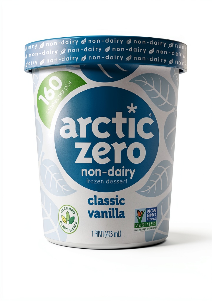 Arctic Zero plant-based ice cream pint displayed on a kitchen counter