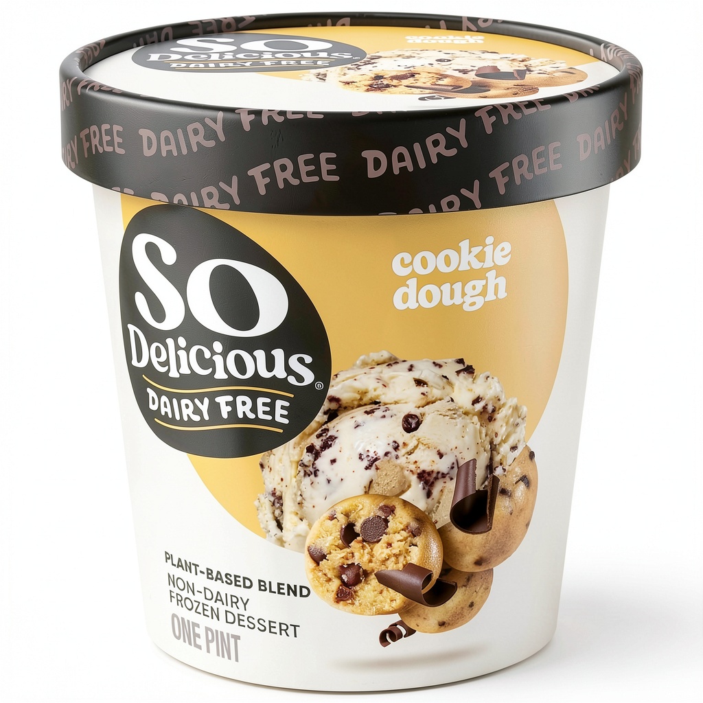 So Delicious Cookie Dough Plant Based Frozen Dessert pint with visible cookie dough chunks