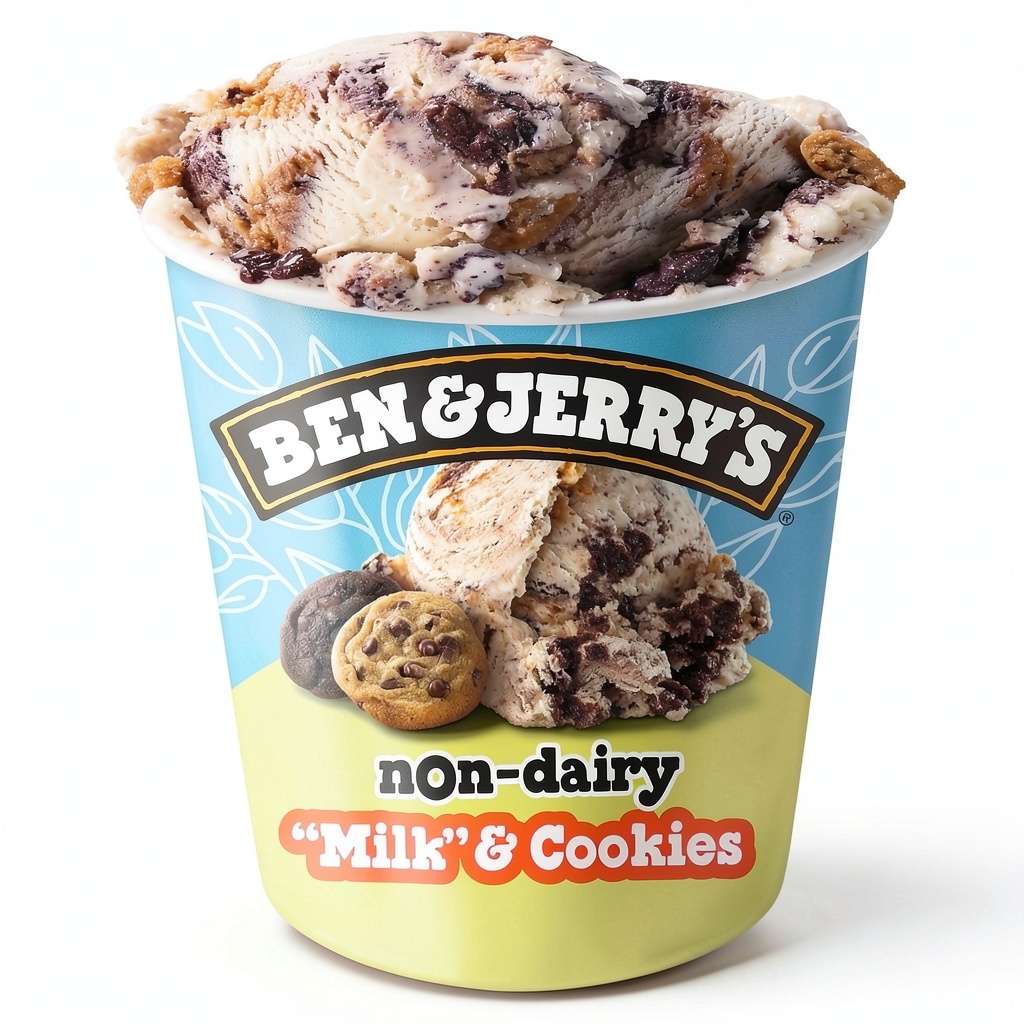 Ben & Jerry's Non-Dairy Vanilla frozen dessert pint with visible cookie pieces and swirls