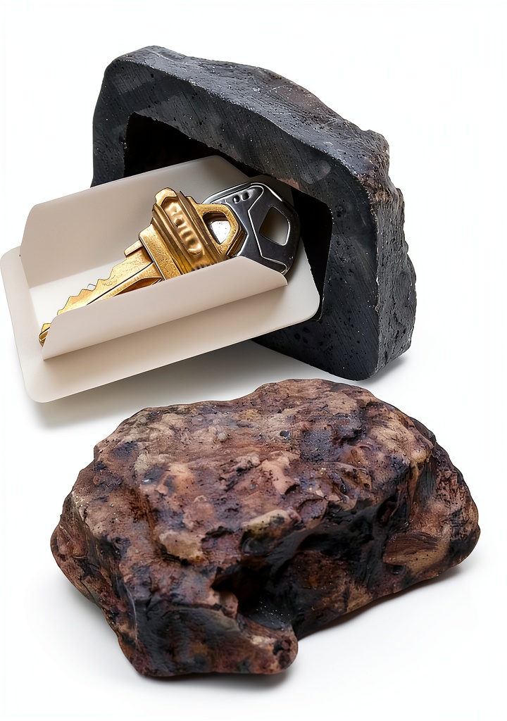 Hidden rock key safe placed among garden stones